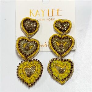 Kaylee New York | Handmade Beaded Heart Trio Earrings – Yellow & Gold – Boho NWT